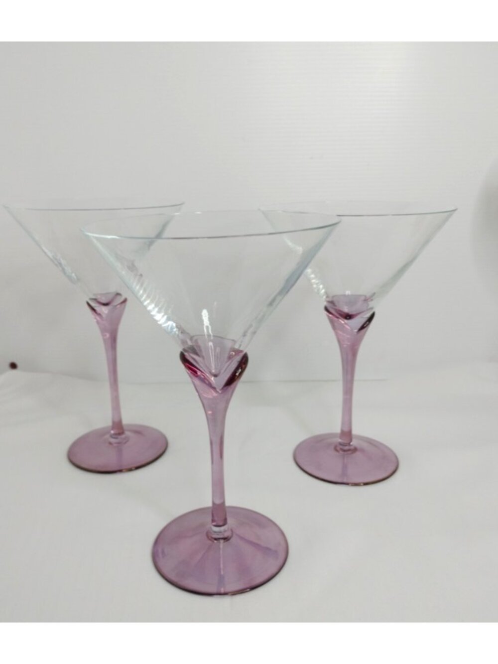 3 Martini,Margarita Clear Bowl with purple Iradesent Tulip Style Stem 7"5x5 New